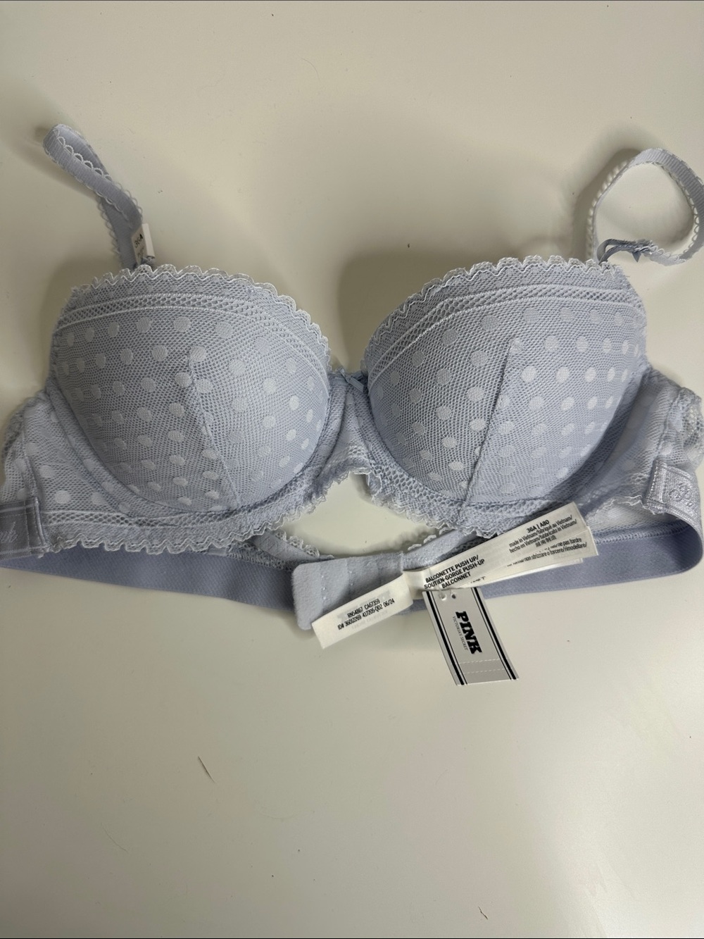 PINK Victoria's Secret Light Blue Polka Dot Lace Underwire Bra